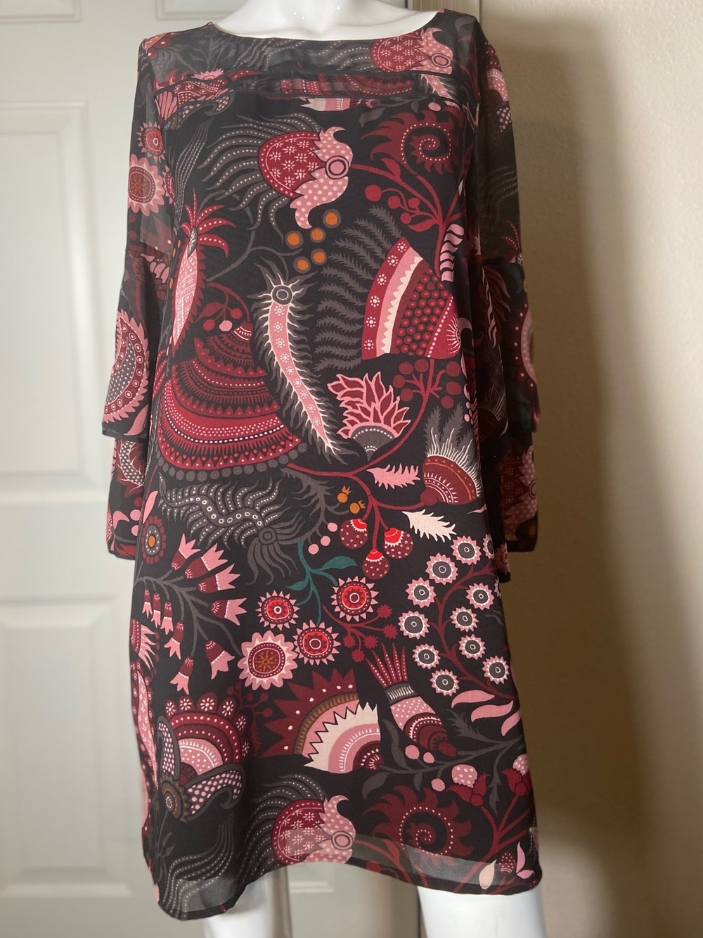 Loft~Bold~Boho~Semi-Sheer~Crepe~Tunic Dress~Ruffle Sleeve~Boatneck~Lined~Size S